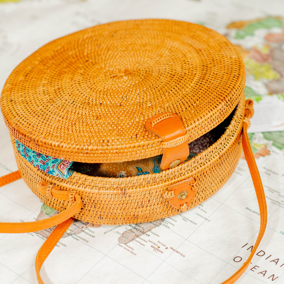 Round Ata Rattan Bag (Brown) - Bali Bag Straw Boho Beach Bag