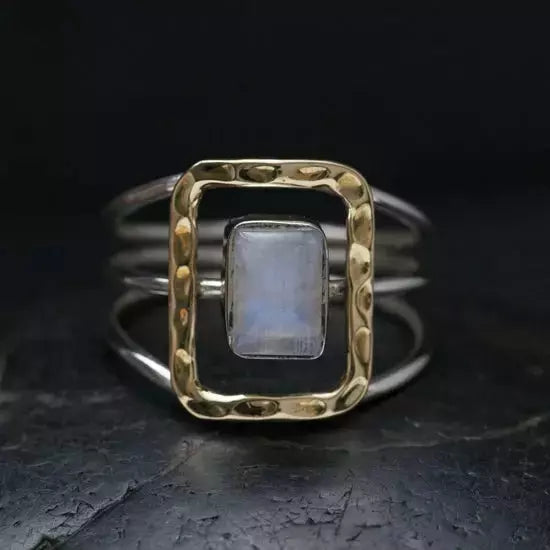 Sterling Silver Moonstone Brass Square Ring - Rajasthan, India