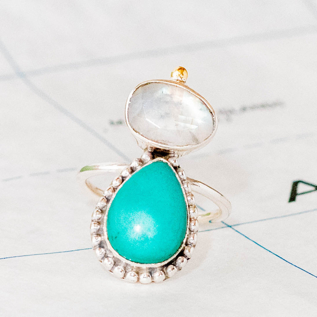 Stacked moonstone and turquoise sterling silver ring - India