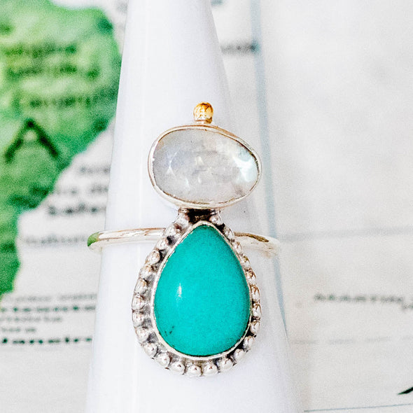 Stacked moonstone and turquoise sterling silver ring - India