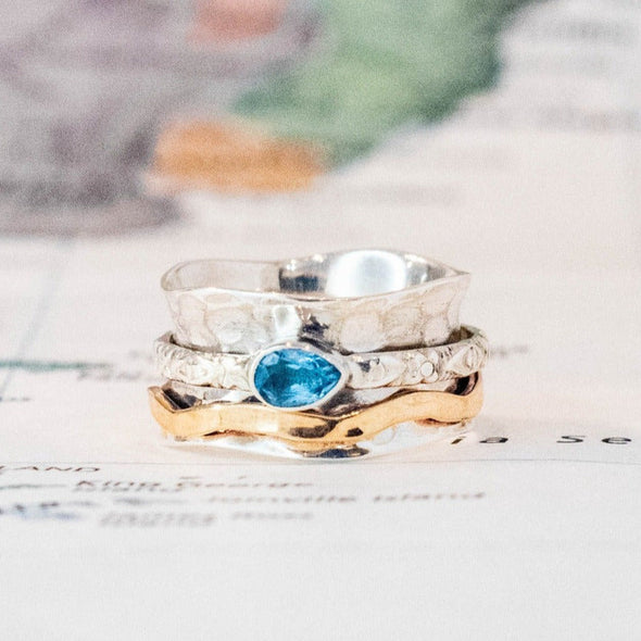 Sterling Silver Wave Meditation Ring, Blue Topaz- India