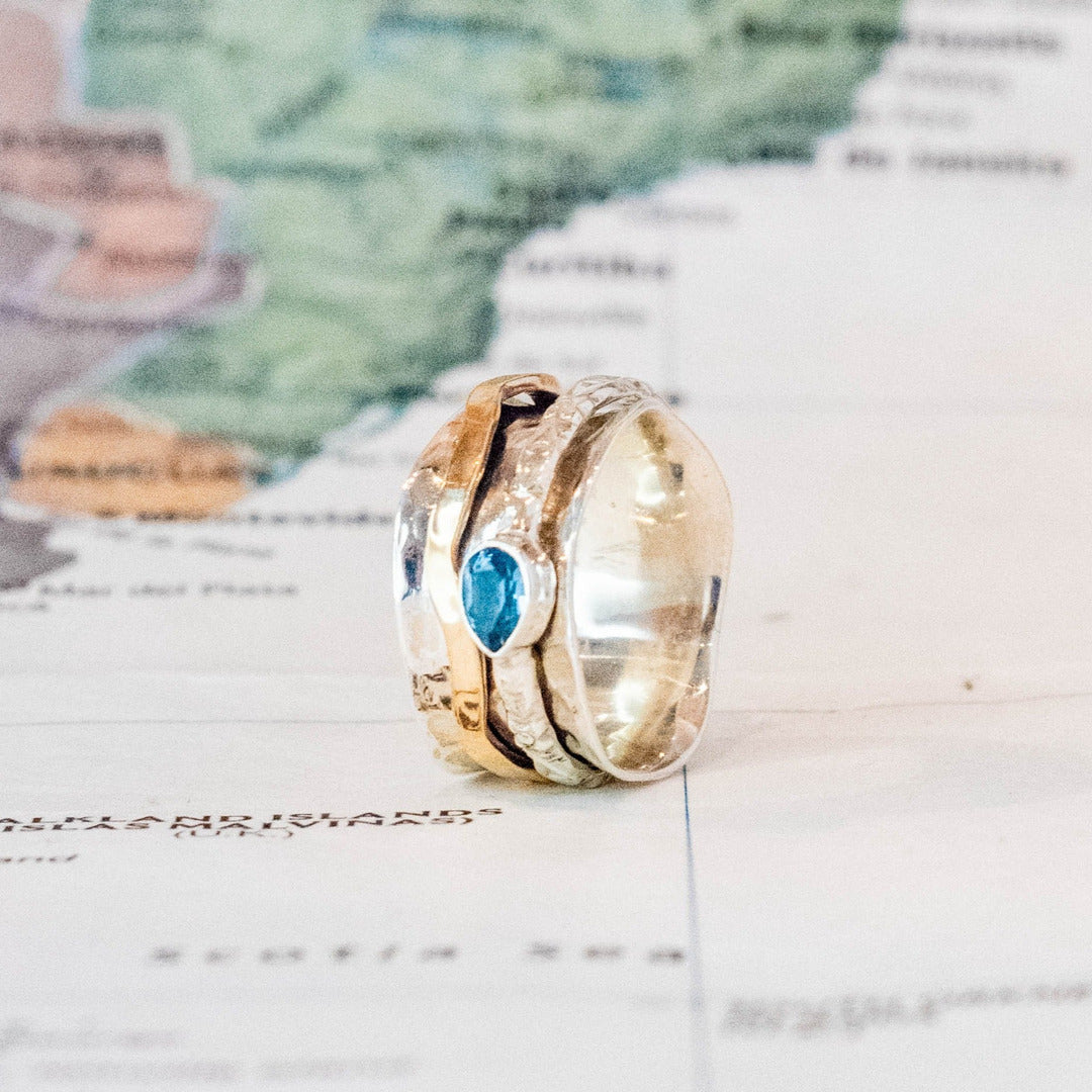 Sterling Silver Wave Meditation Ring, Blue Topaz- Rajasthan, India