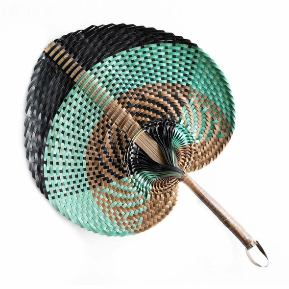 Woven Straw Hand Fan (Brown Green Black) - Rattan Wicker