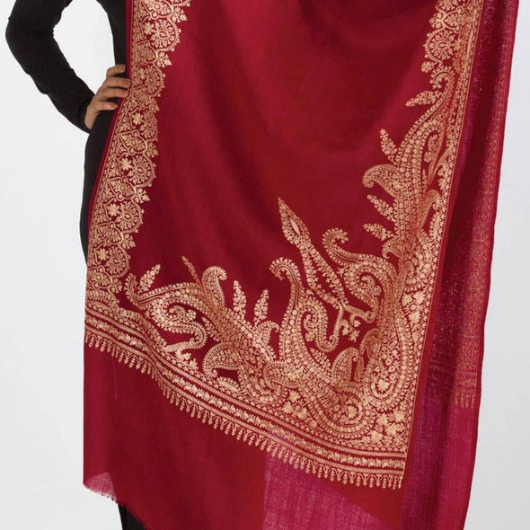 Geeta Embroidered Wool Shawls - Burgundy & Gold