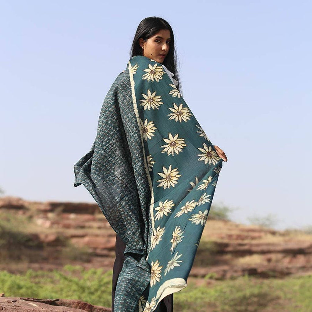 Handmade Block Print Green Cotton Silk Large Scarf | La Joie - India