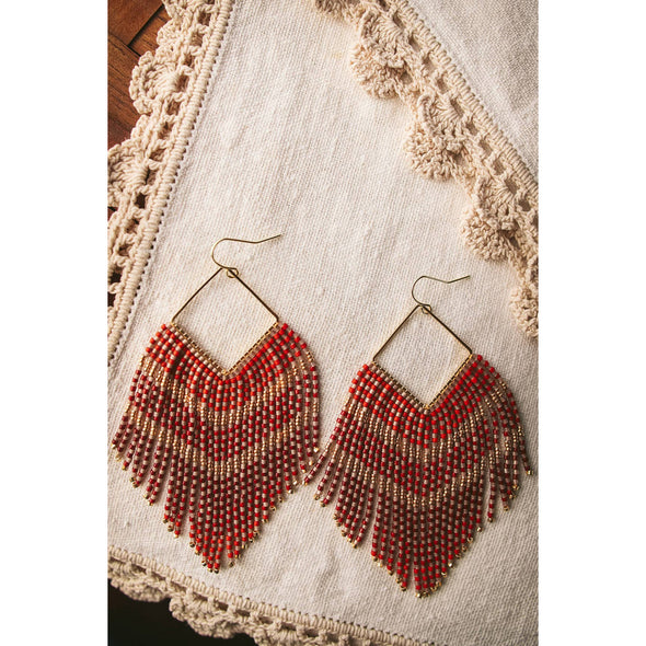Beaded Handwoven Maxi V Fringe Earrings (Red)
