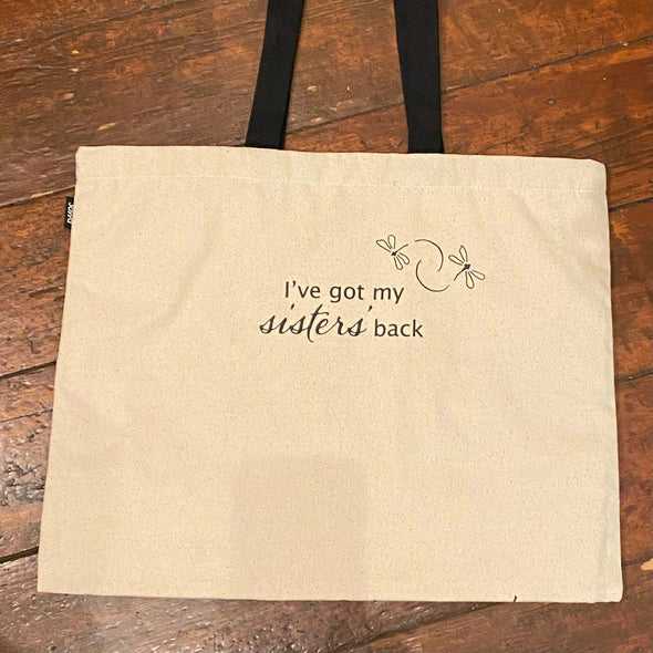 sohza sister frequent shopper dragonfly tote that says "I've got my sisters' back"